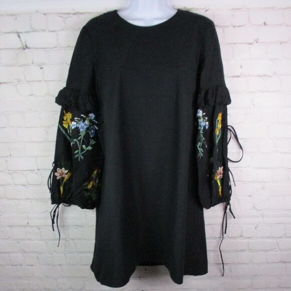NWT Zara Floral Embroidered Tie Ruffle Puff Sleeve Dress - Picture 1 of 4